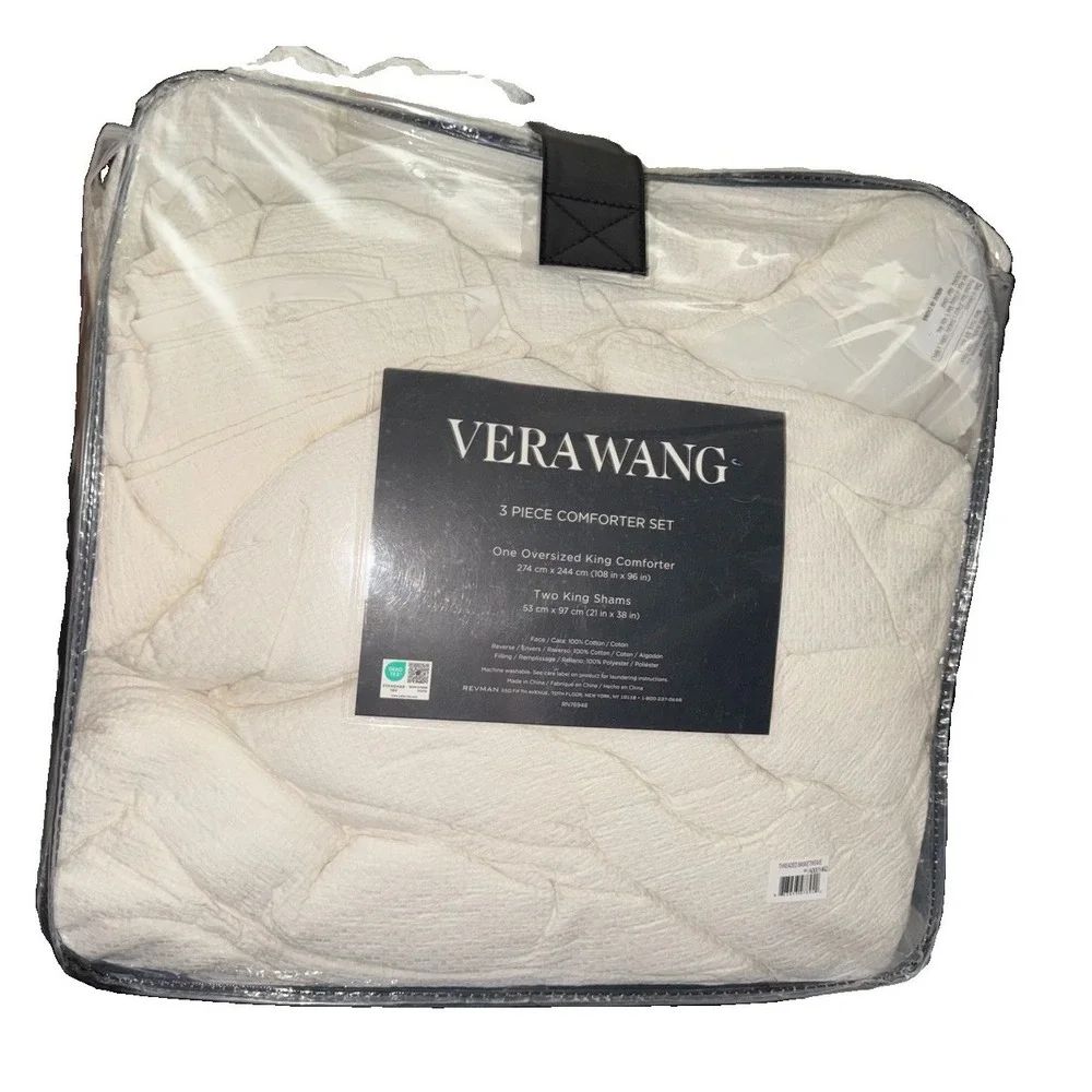 Vera Wang Oversized KING Comforter & Shams Basketweave 3-piece Set WHITE